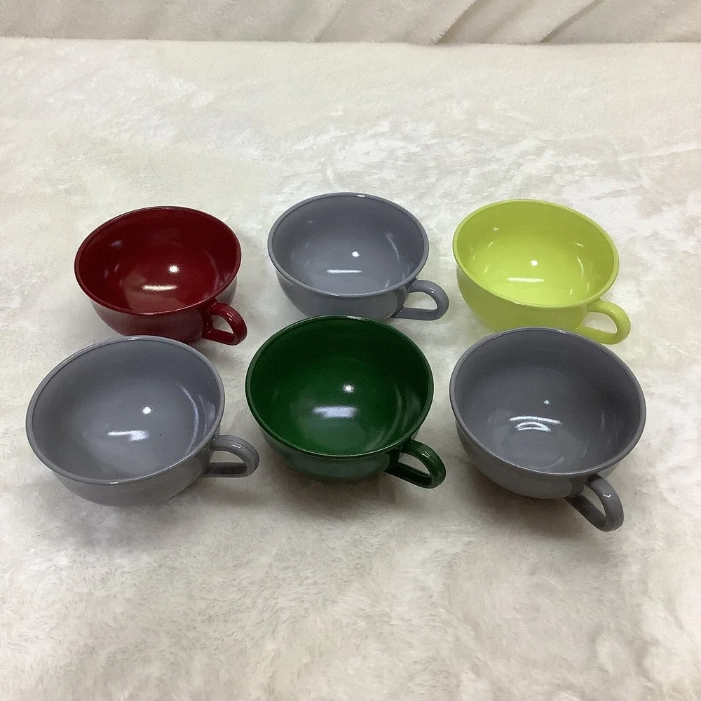 Hazel Atlas Ovide Platonite 6 Vintage Milk Glass Tea Cup Red Yellow Green Gray
